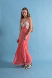 1930s Coral Silk Chiffon + Lace Gown [xs/sm]