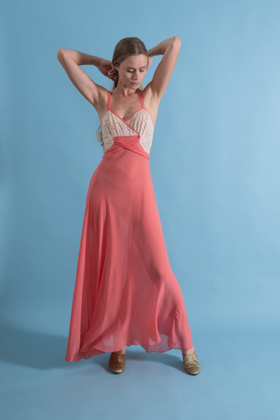 1930s Coral Silk Chiffon + Lace Gown [xs/sm]