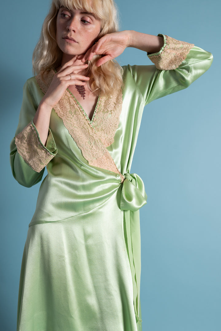 1920s Pistachio Green Silk Robe [xs/sm/med]