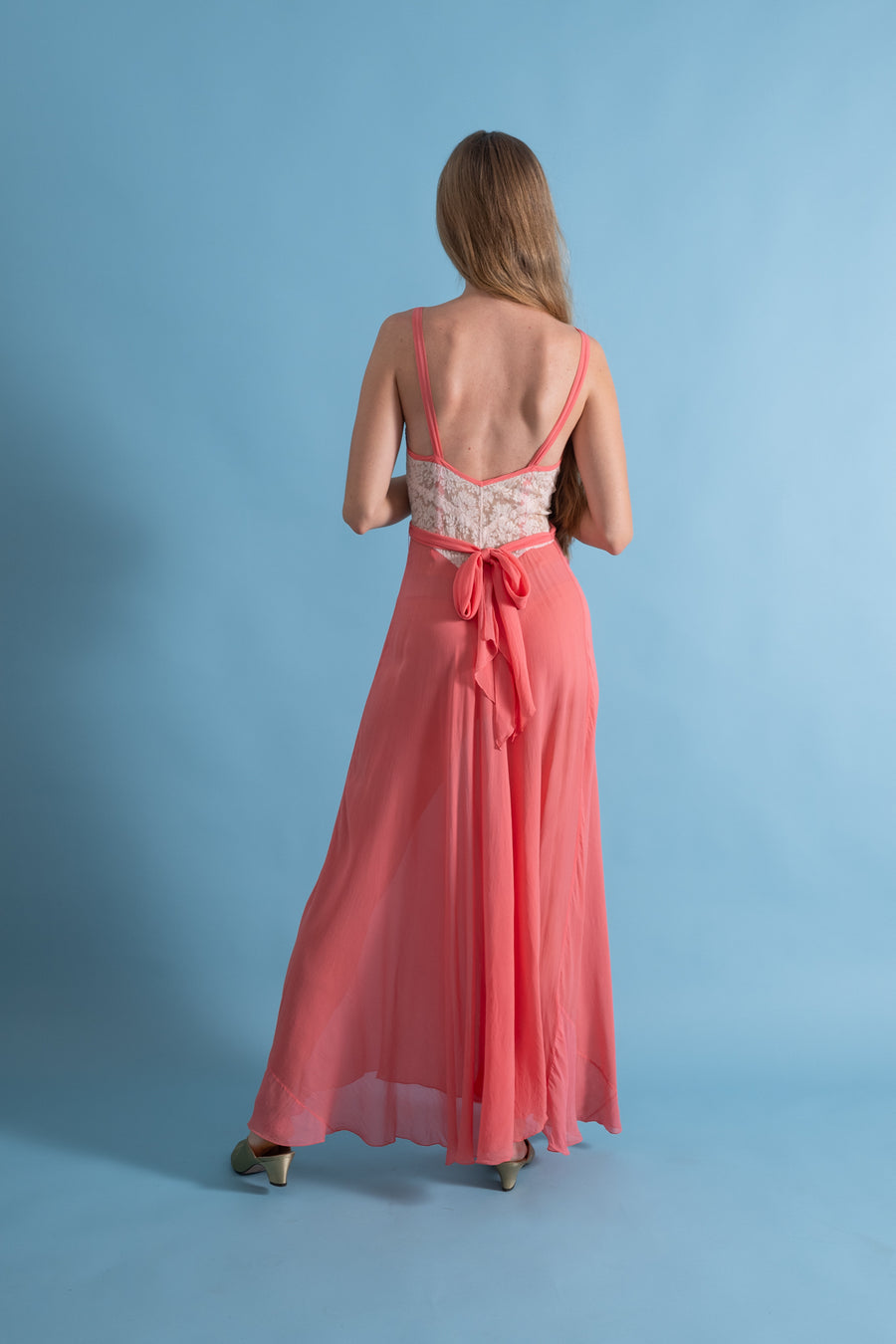 1930s Coral Silk Chiffon + Lace Gown [xs/sm]