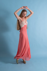 1930s Coral Silk Chiffon + Lace Gown [xs/sm]