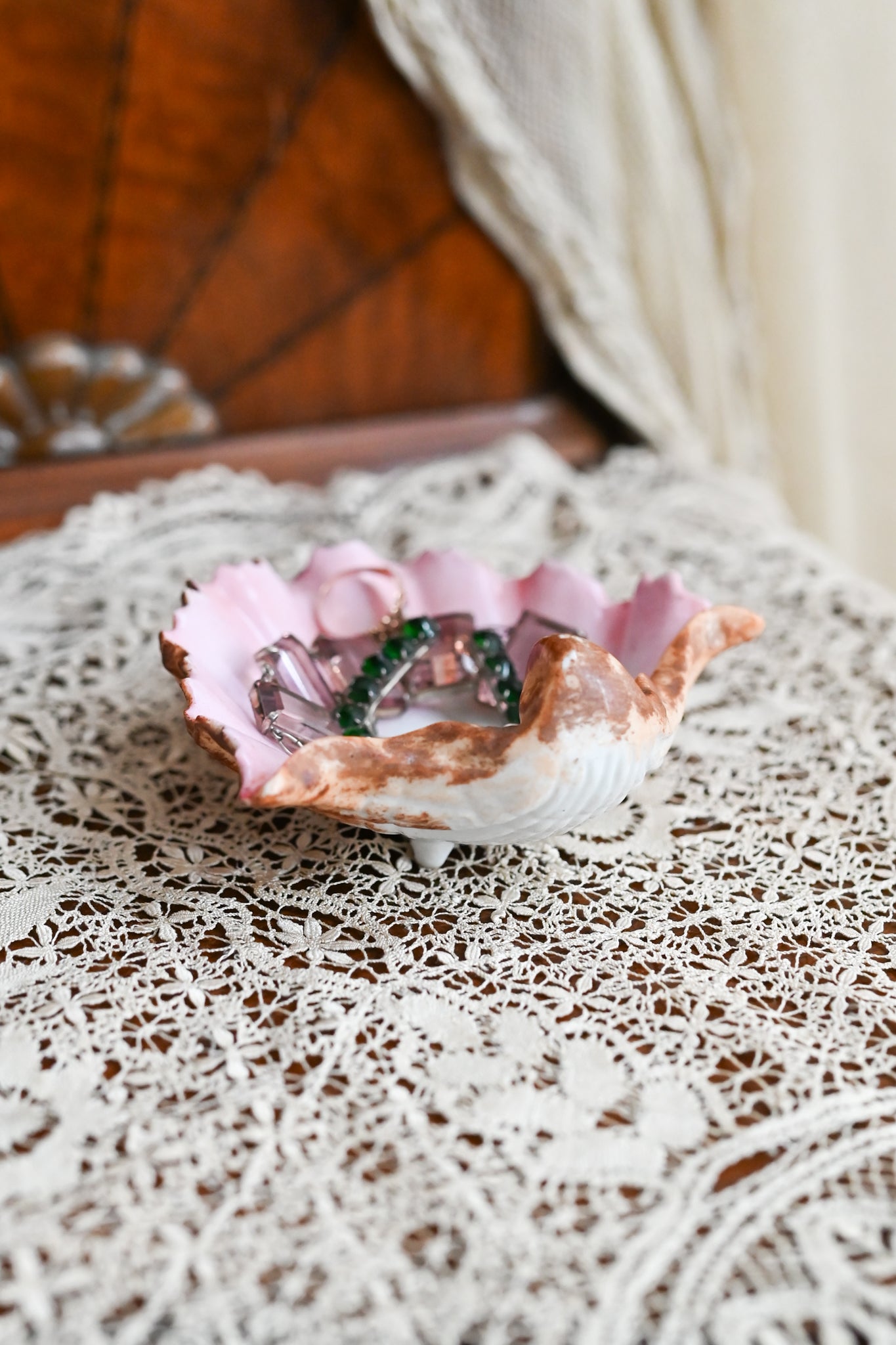 Antique Hand Painted Porcelain Pink Shell Catchalls