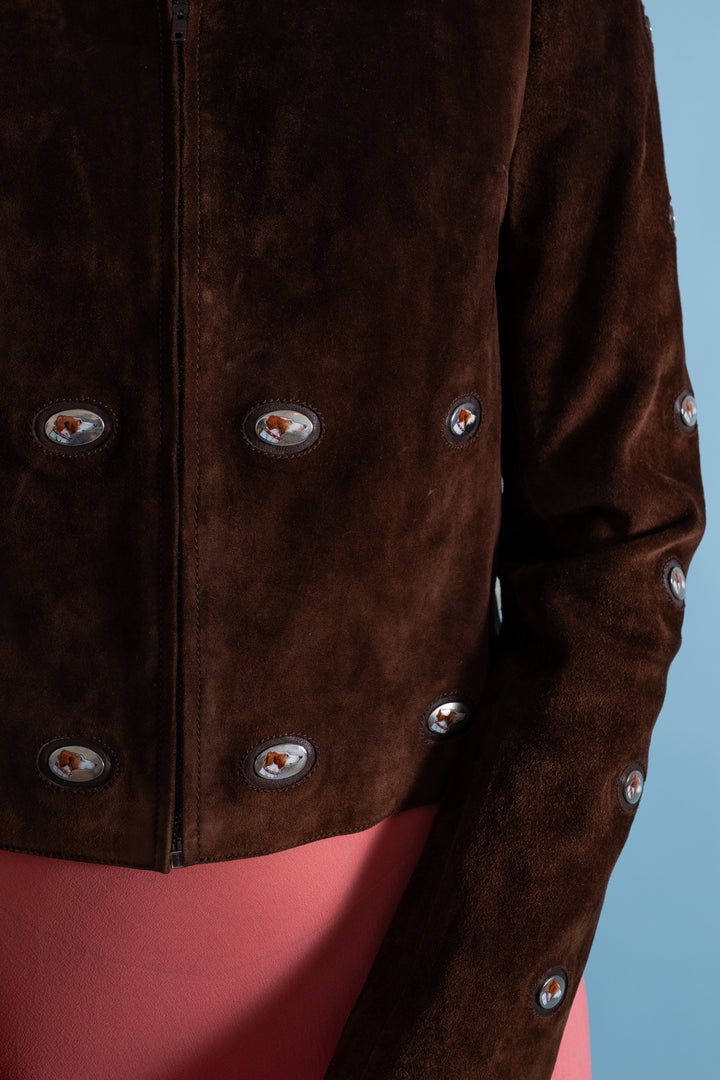 1970s Gucci Suede Jacket with Enameled Dog Studs [xs/sm]