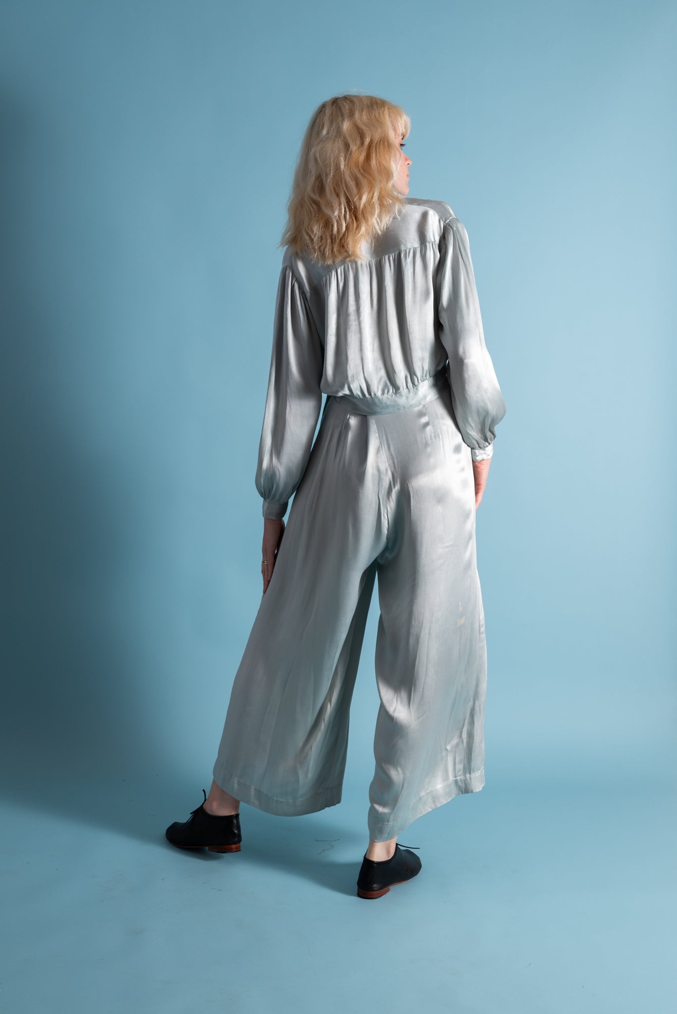 1930s Icy Blue Rayon Satin Trouser Set [sm/med]