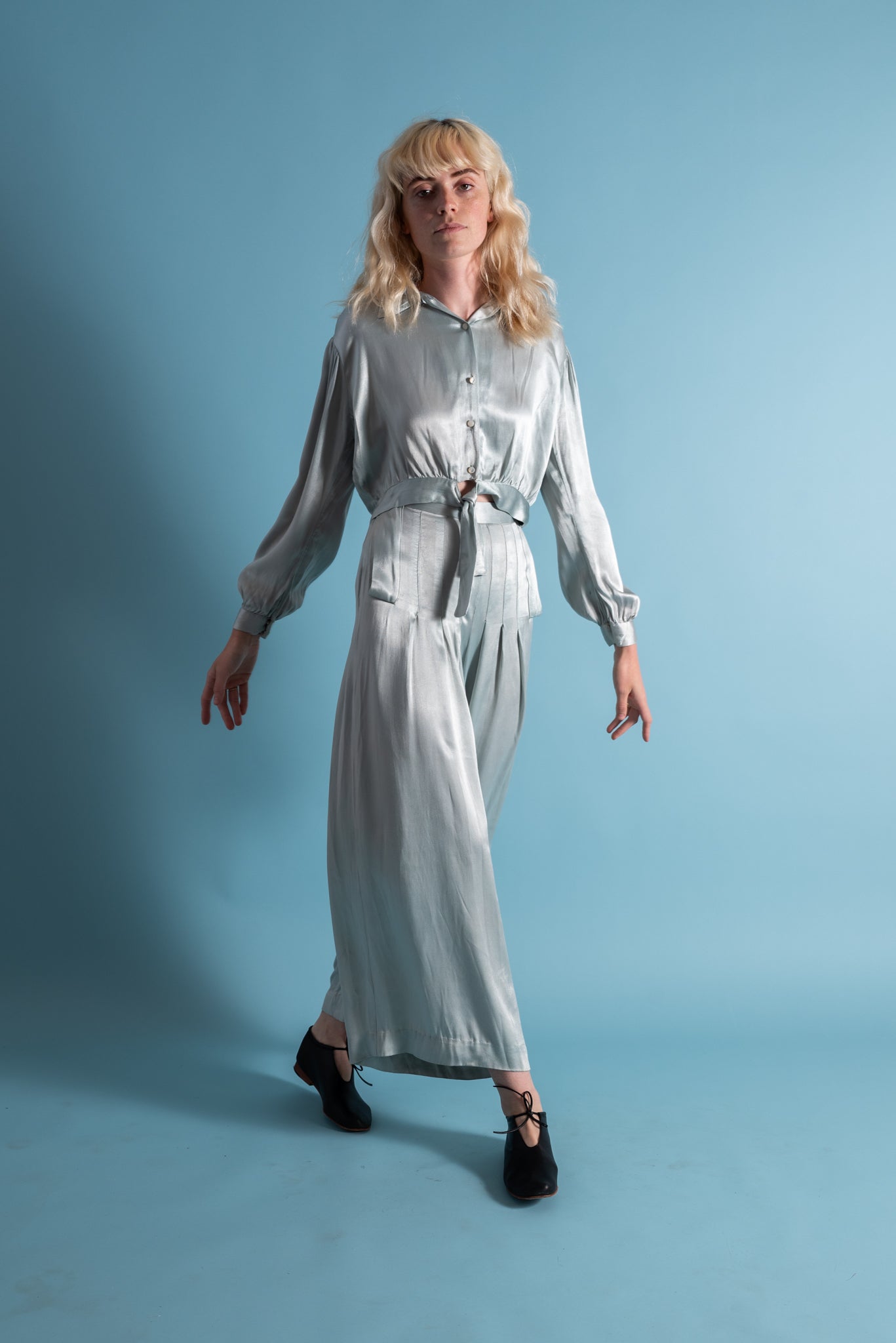 1930s Icy Blue Rayon Satin Trouser Set [sm/med]