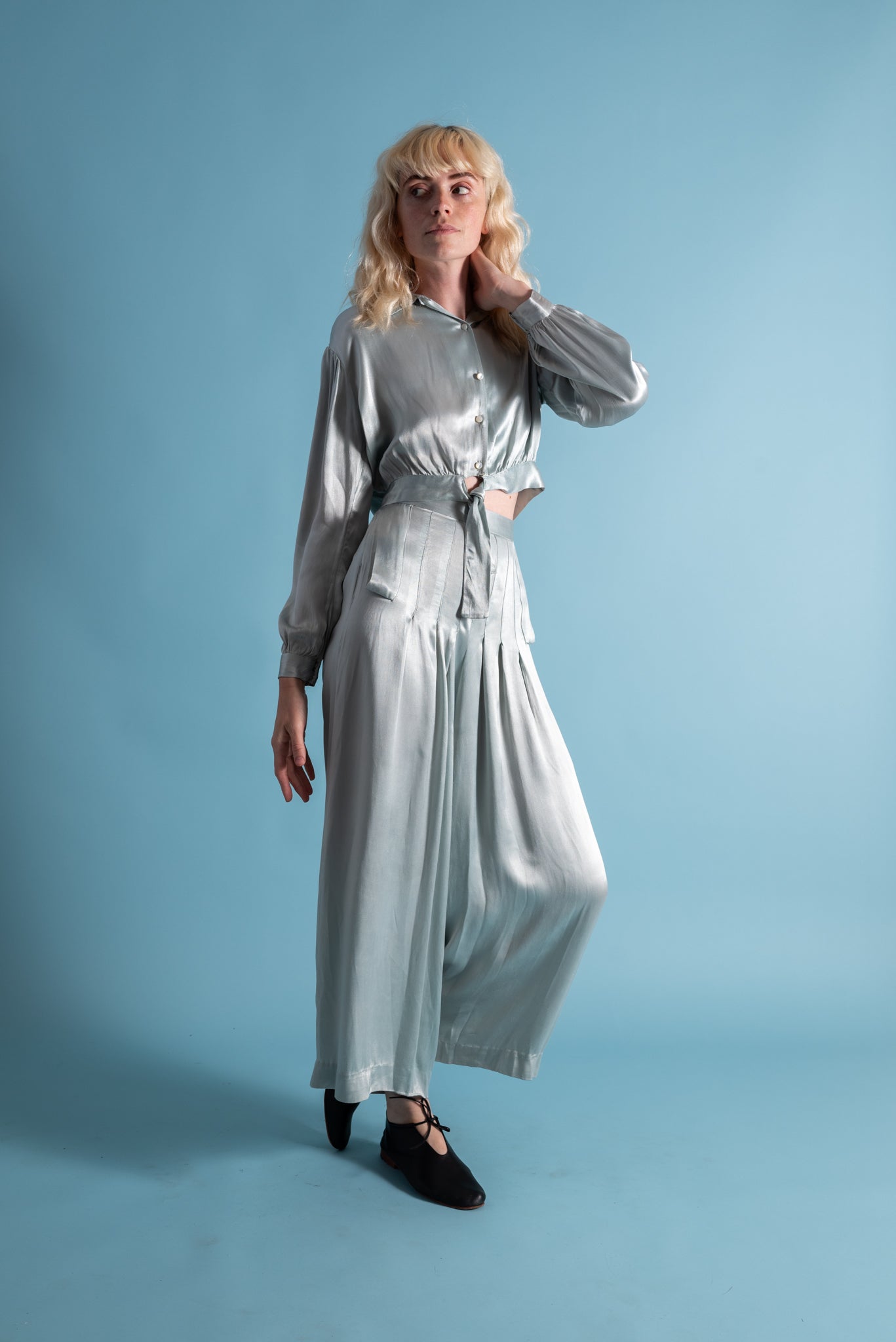 1930s Icy Blue Rayon Satin Trouser Set [sm/med]