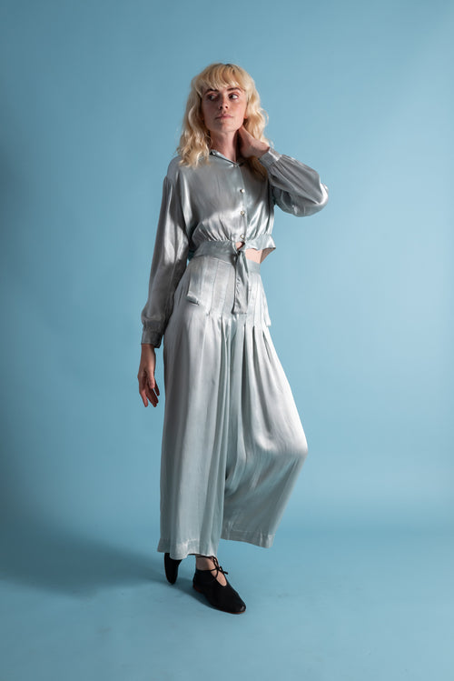 1930s Icy Blue Rayon Satin Trouser Set [sm/med]