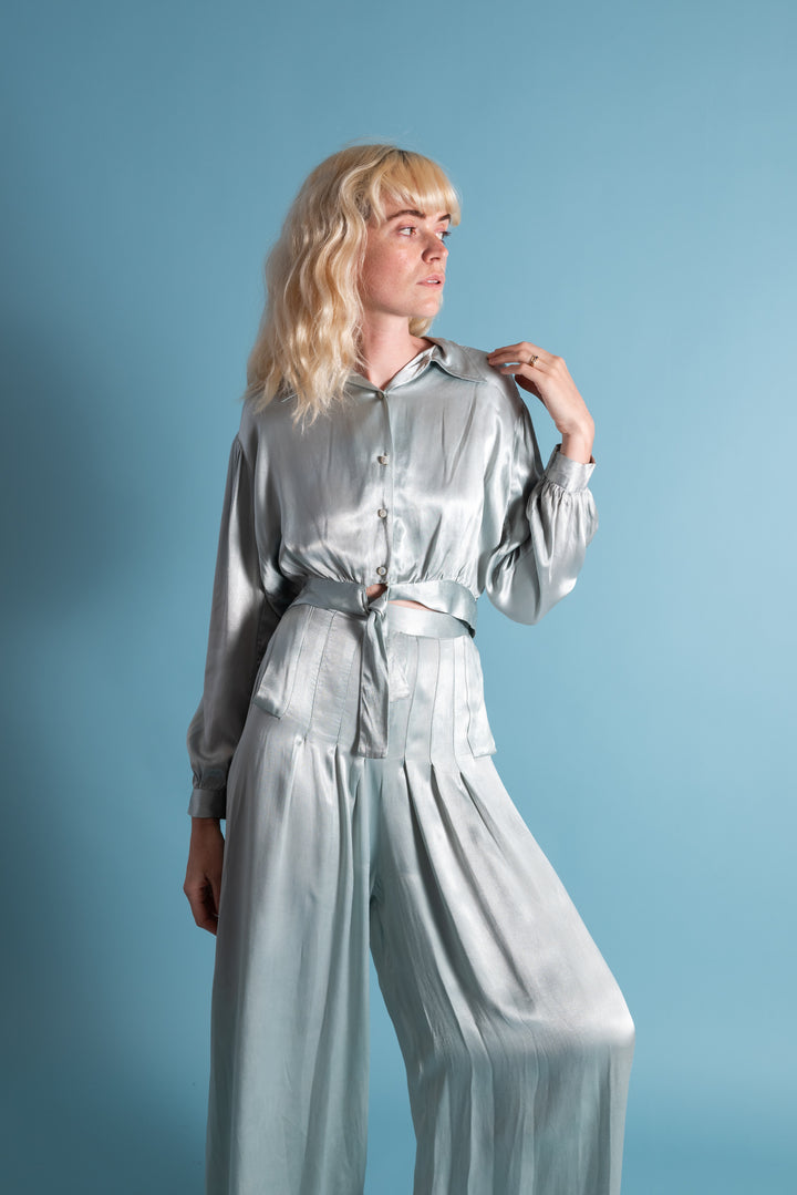 1930s Icy Blue Rayon Satin Trouser Set [sm/med]