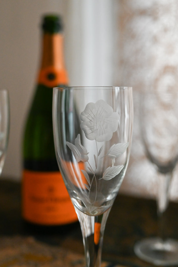 1920s Handblown Art Deco Floral Champagne Flutes 4 Piece Set
