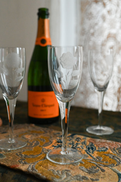 1920s Handblown Art Deco Floral Champagne Flutes 4 Piece Set