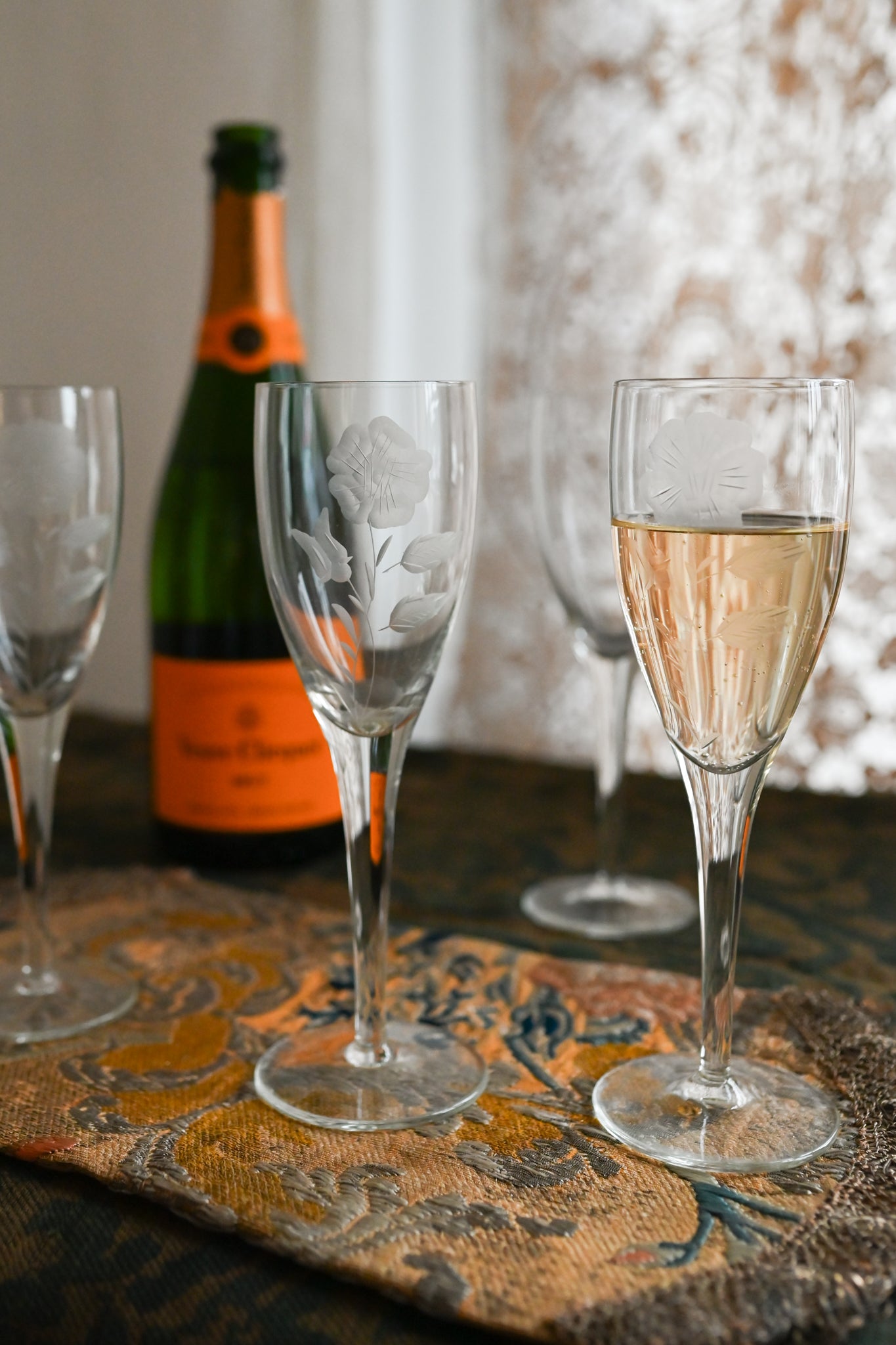 1920s Handblown Art Deco Floral Champagne Flutes 4 Piece Set