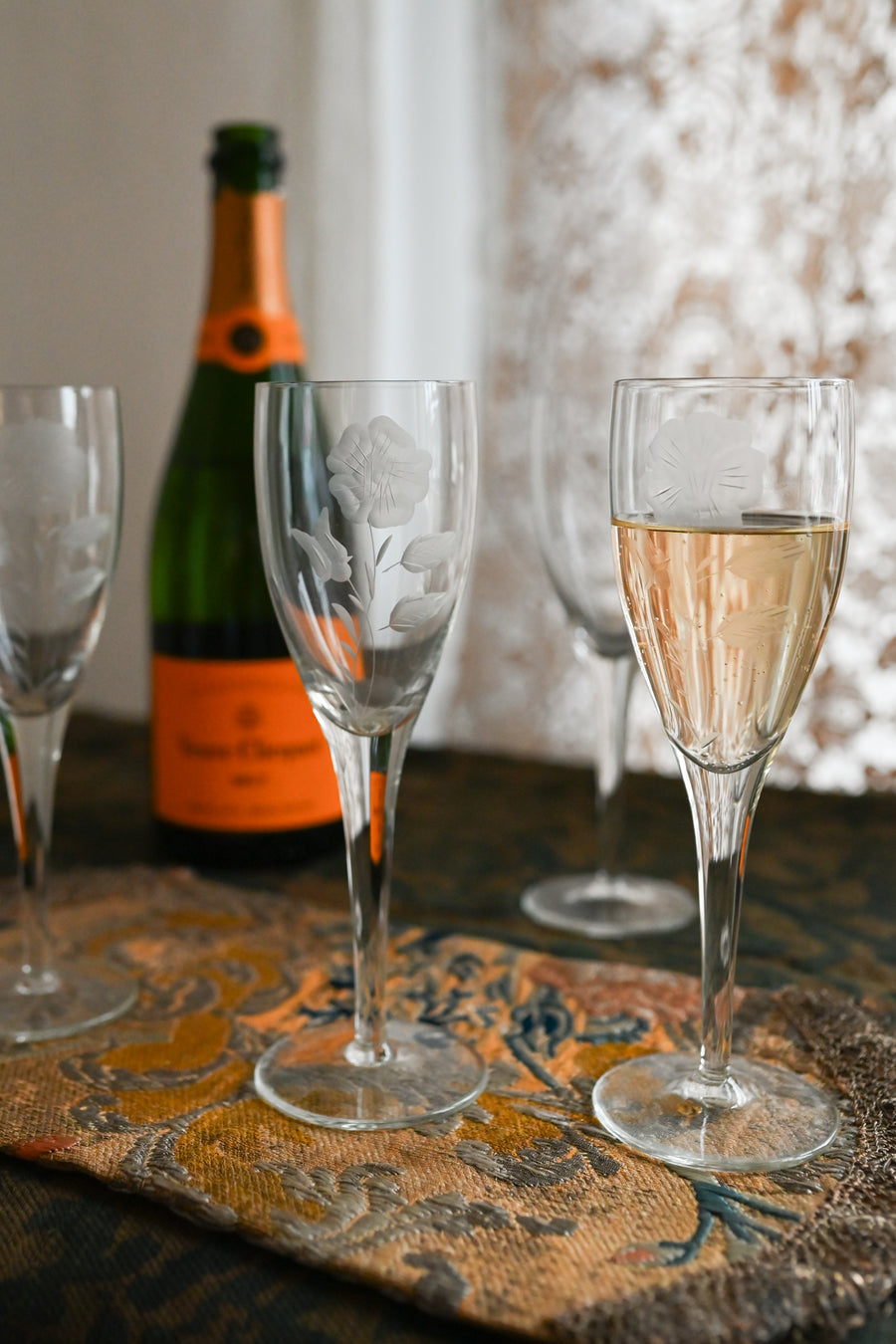 1920s Handblown Art Deco Floral Champagne Flutes 4 Piece Set