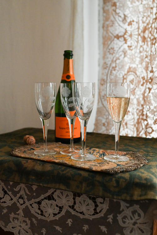 1920s Handblown Art Deco Floral Champagne Flutes 4 Piece Set