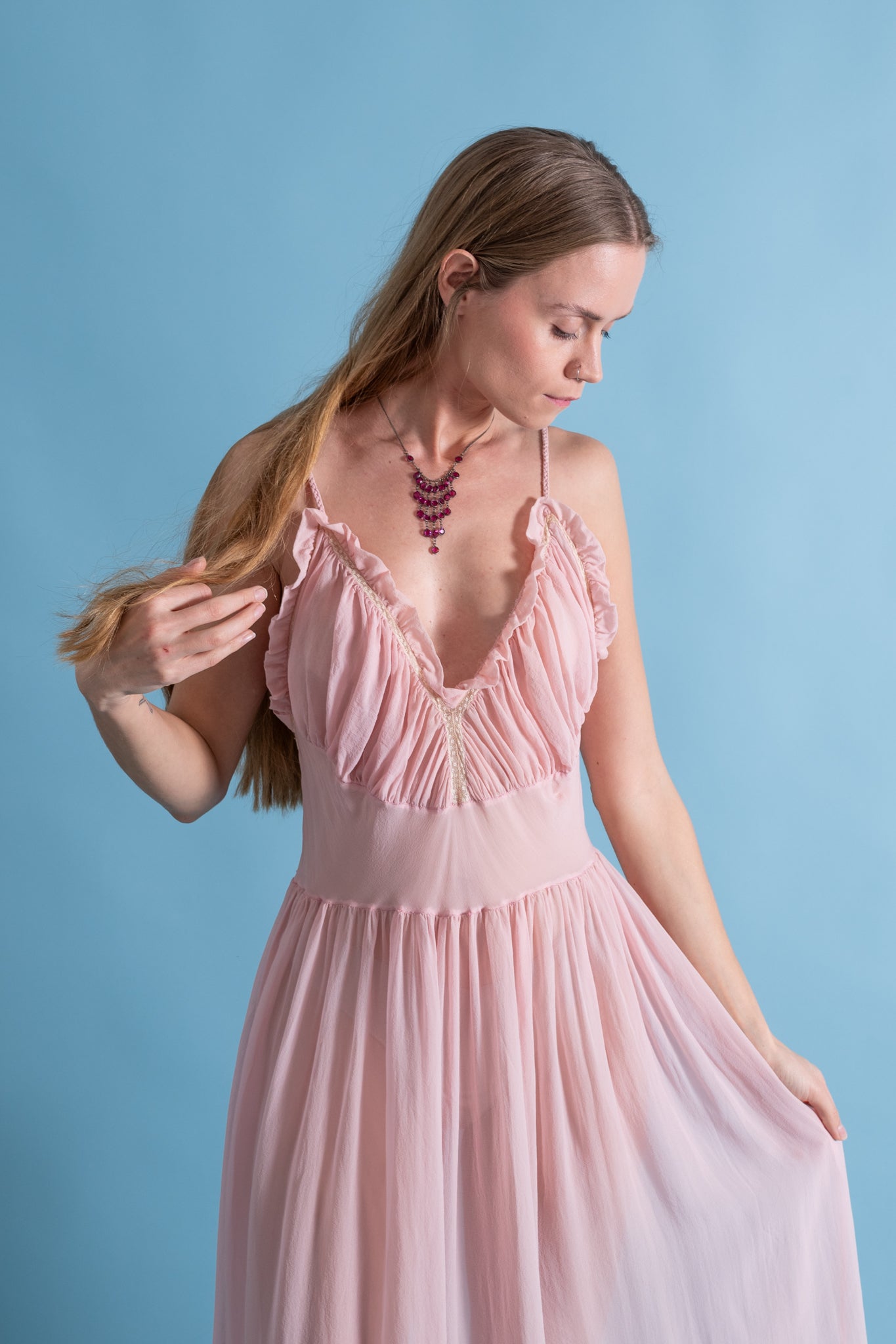 1930s Gathered Silk Chiffon Slip Dress [sm/med] – Demetra Vintage