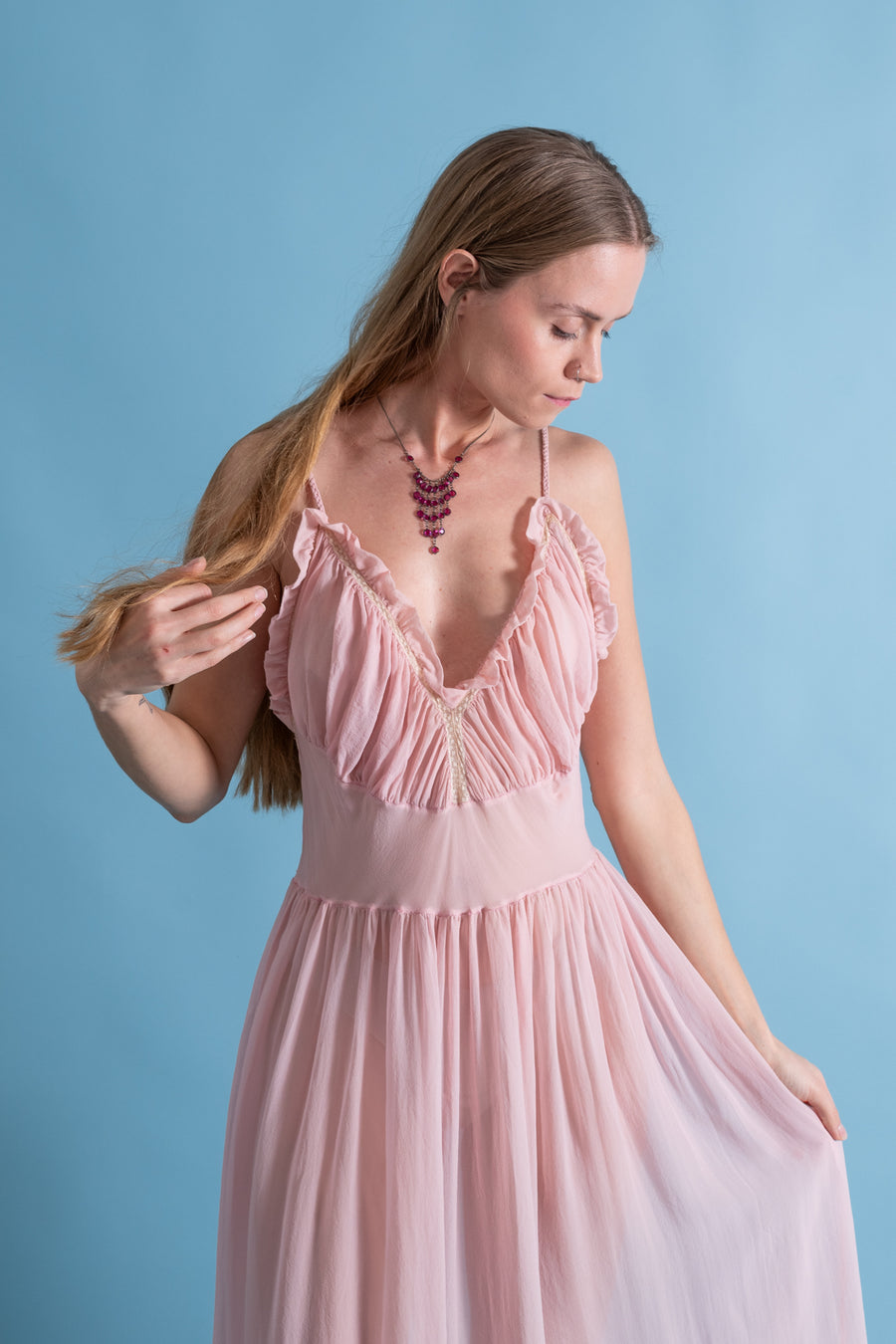 1930s Gathered Silk Chiffon Slip Dress [sm/med]