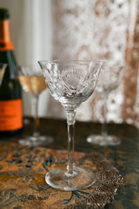 1900s Art Nouveau Thistle Etched Crystal Glasses 8 Piece Set