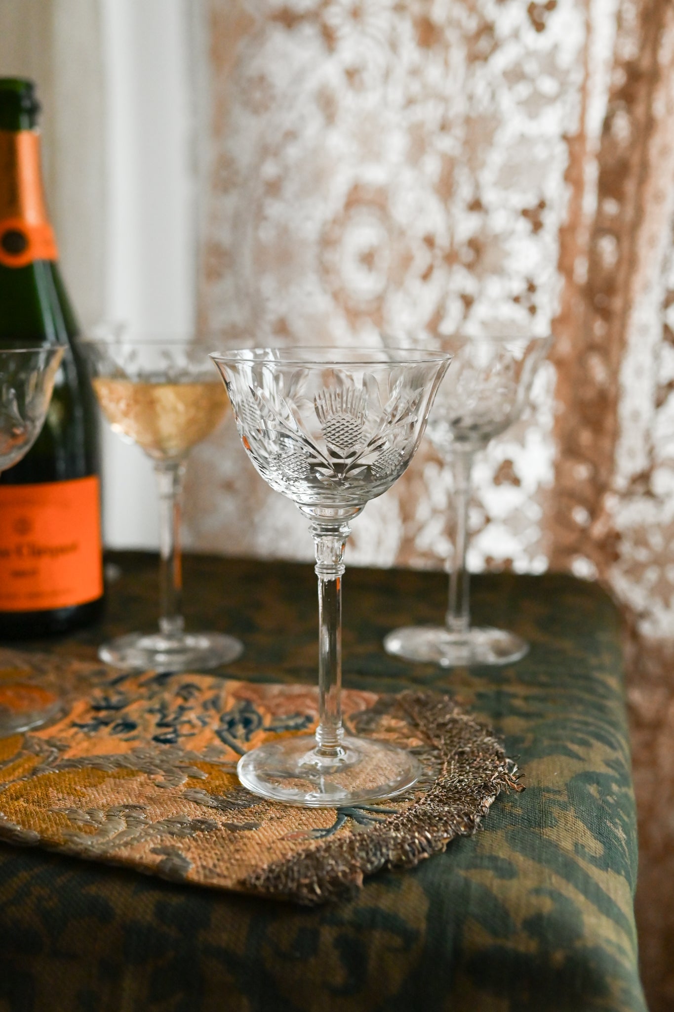 1900s Art Nouveau Thistle Etched Crystal Glasses 8 Piece Set