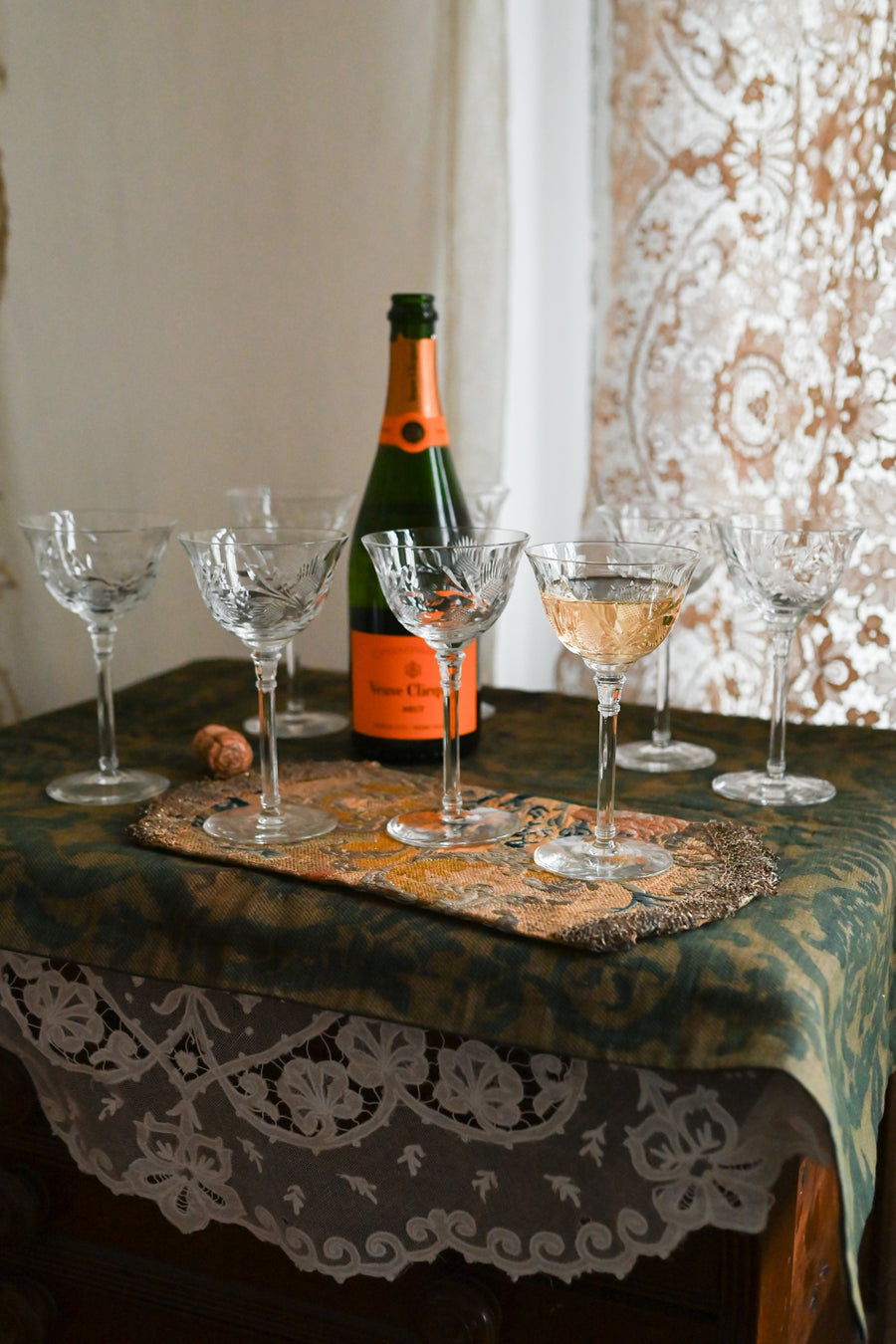 1900s Art Nouveau Thistle Etched Crystal Glasses 8 Piece Set