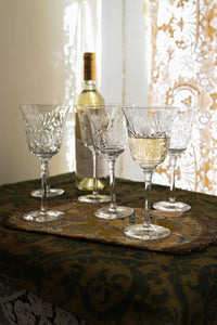 1900s Art Nouveau Thistle Etched Crystal Wine Glasses 6 Piece Set