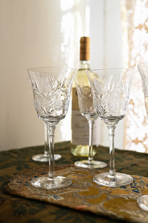 1900s Art Nouveau Thistle Etched Crystal Wine Glasses 6 Piece Set