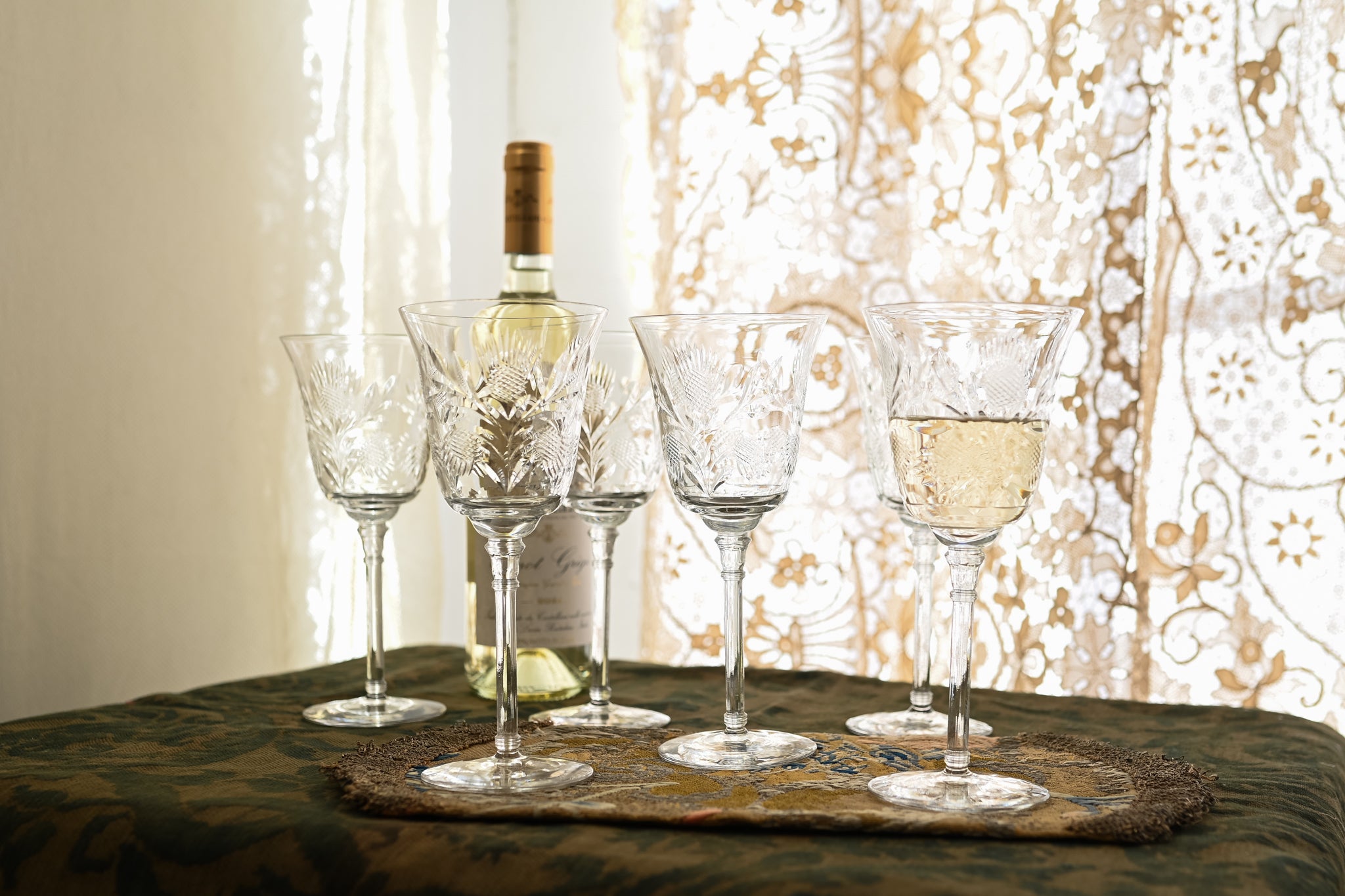 1900s Art Nouveau Thistle Etched Crystal Wine Glasses 6 Piece Set