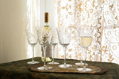 1900s Art Nouveau Thistle Etched Crystal Wine Glasses 6 Piece Set
