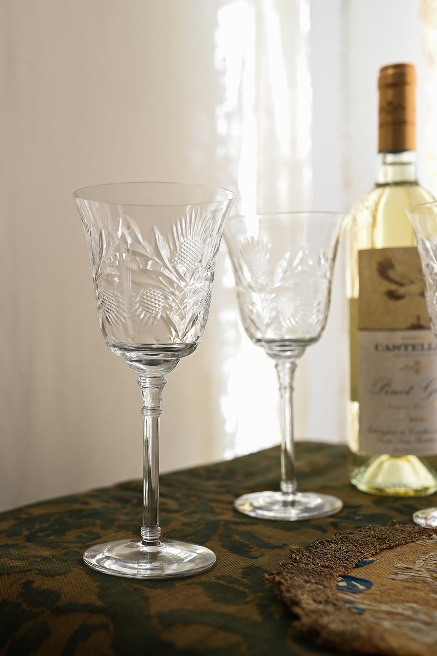 1900s Art Nouveau Thistle Etched Crystal Wine Glasses 6 Piece Set