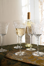 1900s Art Nouveau Thistle Etched Crystal Wine Glasses 6 Piece Set