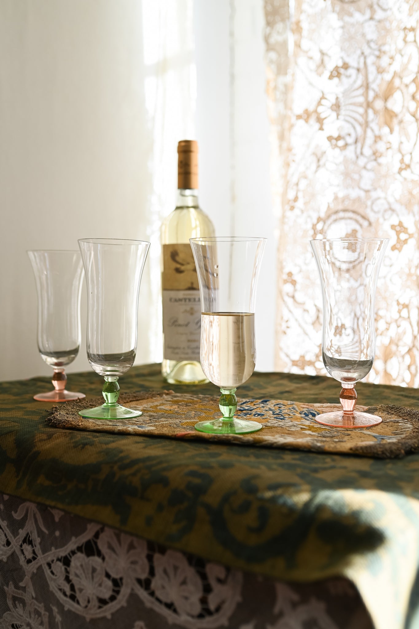 1930s Handblown Art Deco Pink + Green Glasses 4 Piece Set