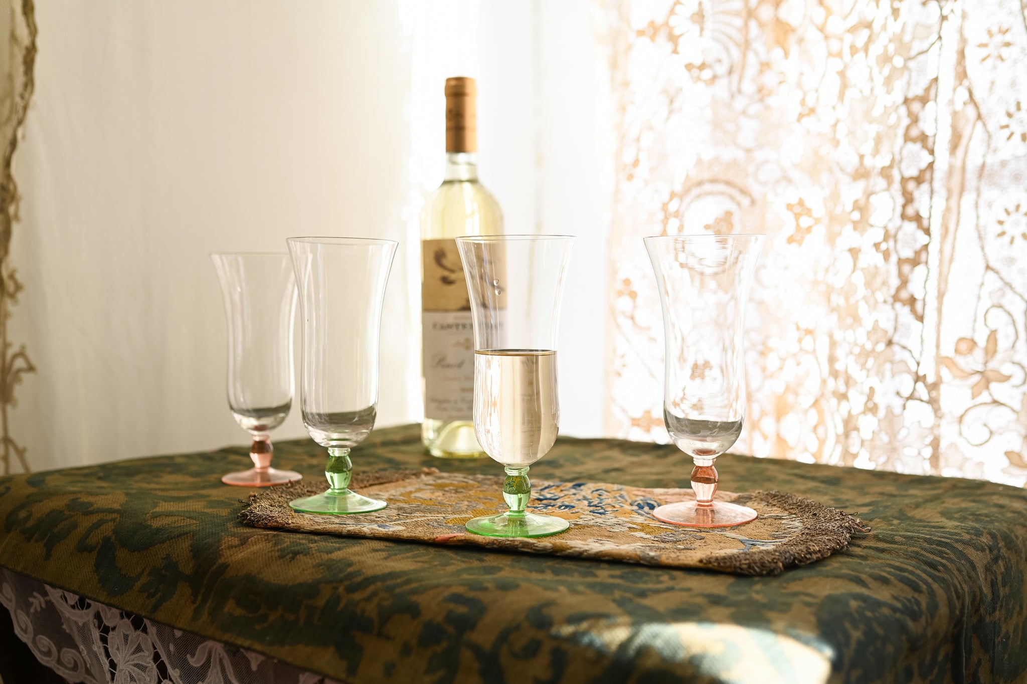 1930s Handblown Art Deco Pink + Green Glasses 4 Piece Set