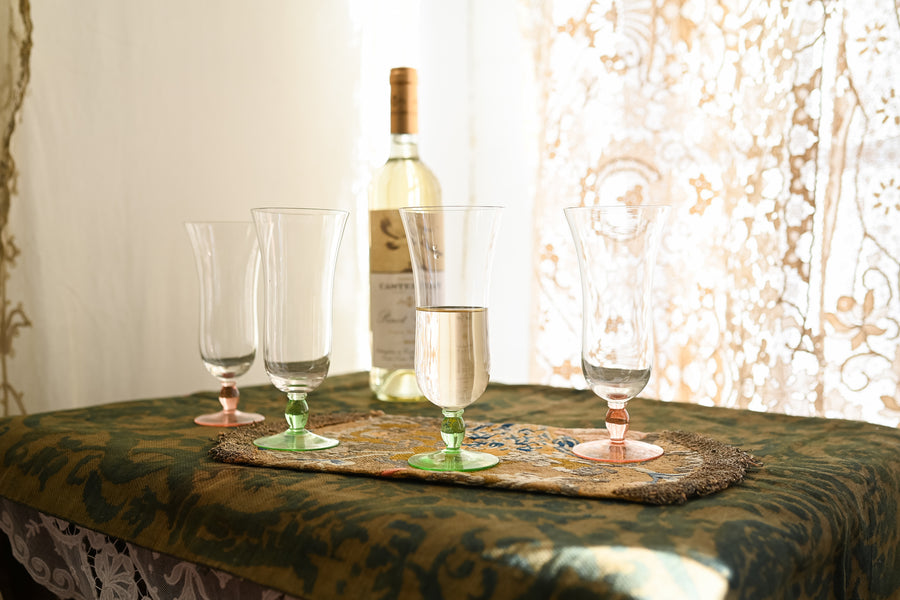 1930s Handblown Art Deco Pink + Green Glasses 4 Piece Set