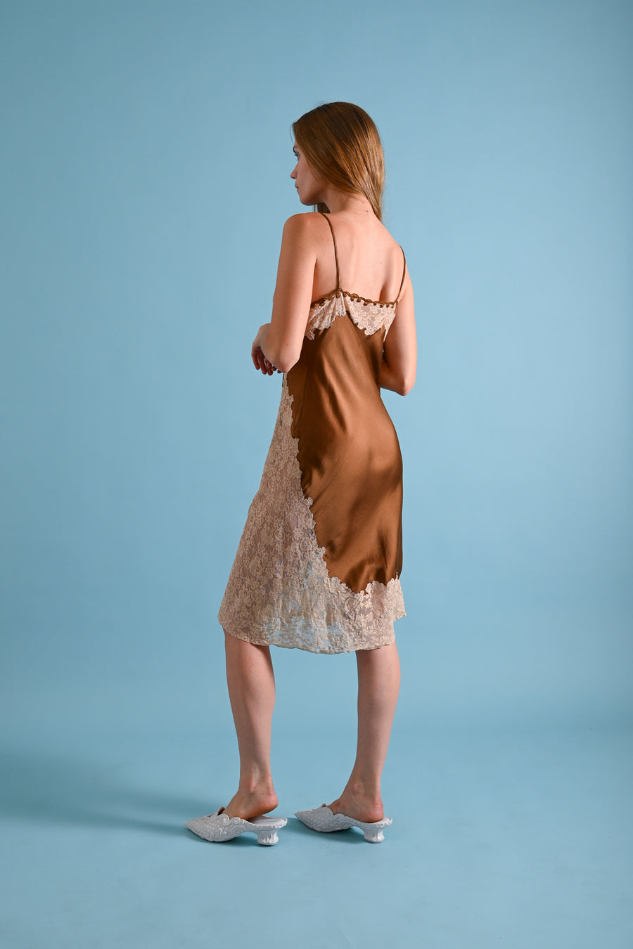 1930s Chocolate Silk + Lace Appliqué Slip [sm/med]