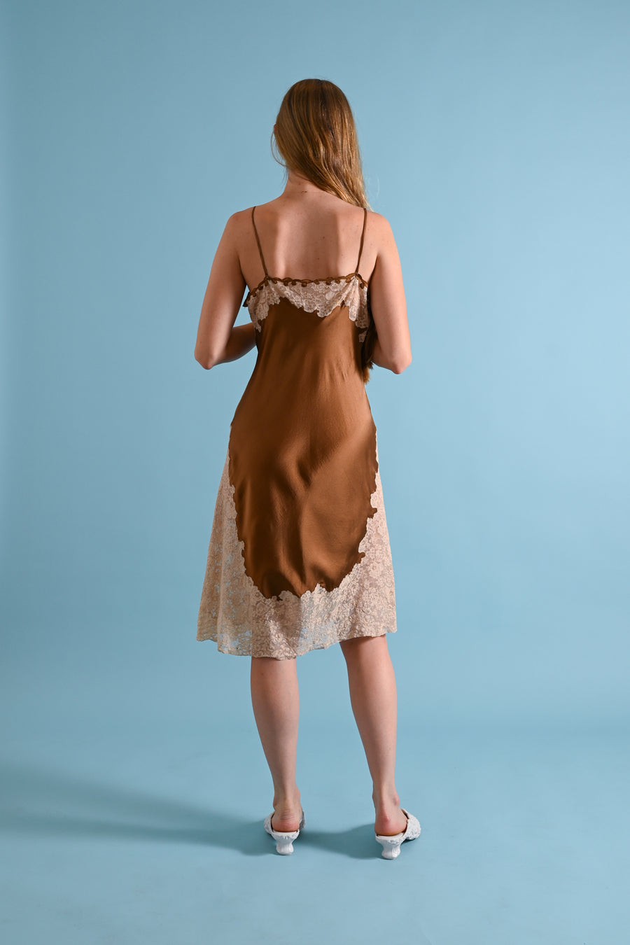 1930s Chocolate Silk + Lace Appliqué Slip [sm/med]