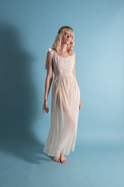 1930s Silk Chiffon Silk Appliqué Tie Shoulder Gown [xs/sm]