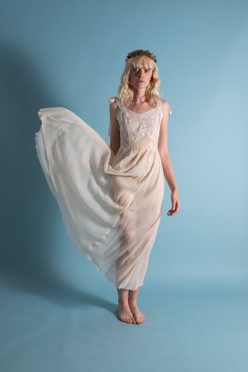 1930s Silk Chiffon Silk Appliqué Tie Shoulder Gown [xs/sm]