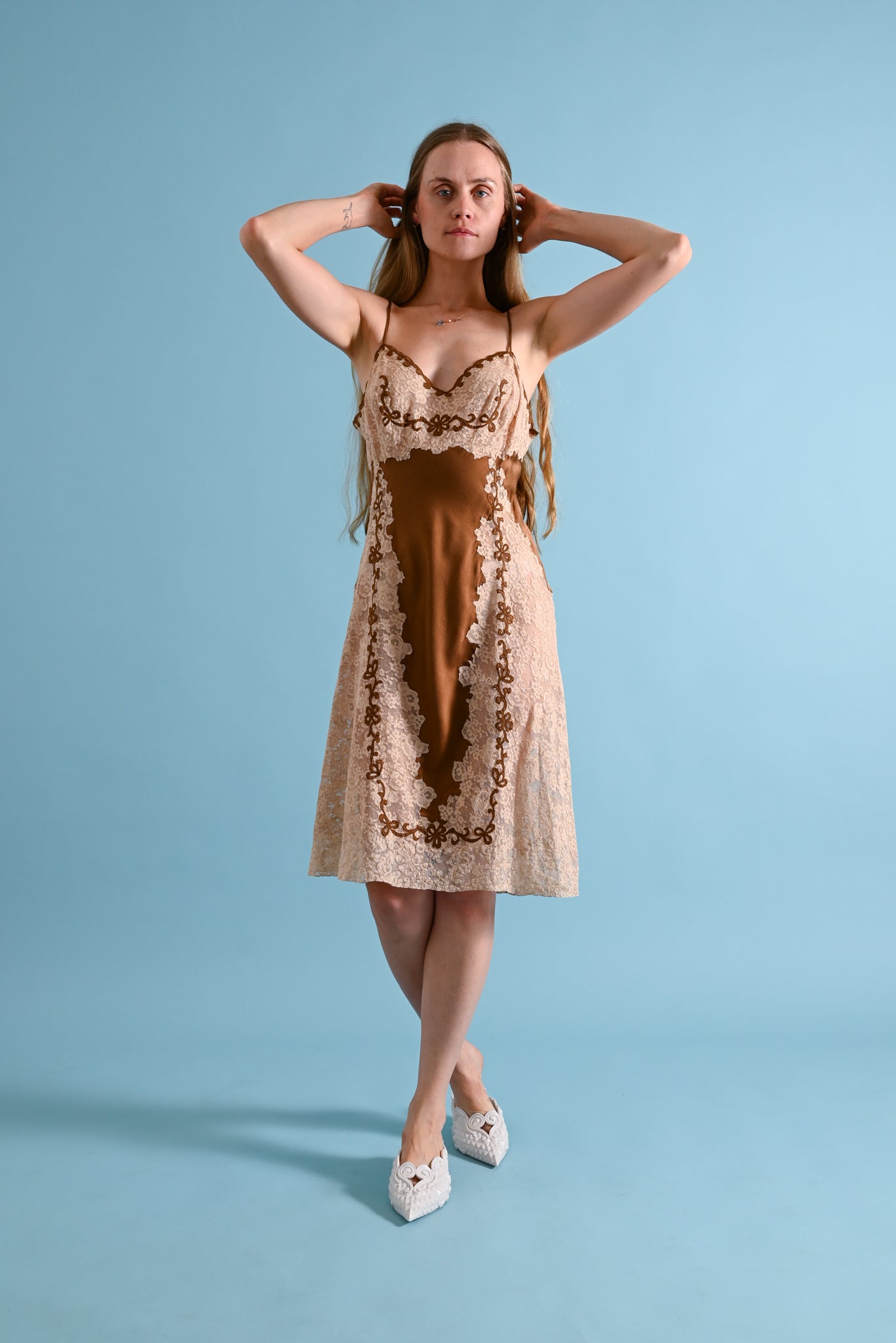 1930s Chocolate Silk + Lace Appliqué Slip [sm/med]