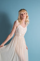 1930s Silk Chiffon Silk Appliqué Tie Shoulder Gown [xs/sm]