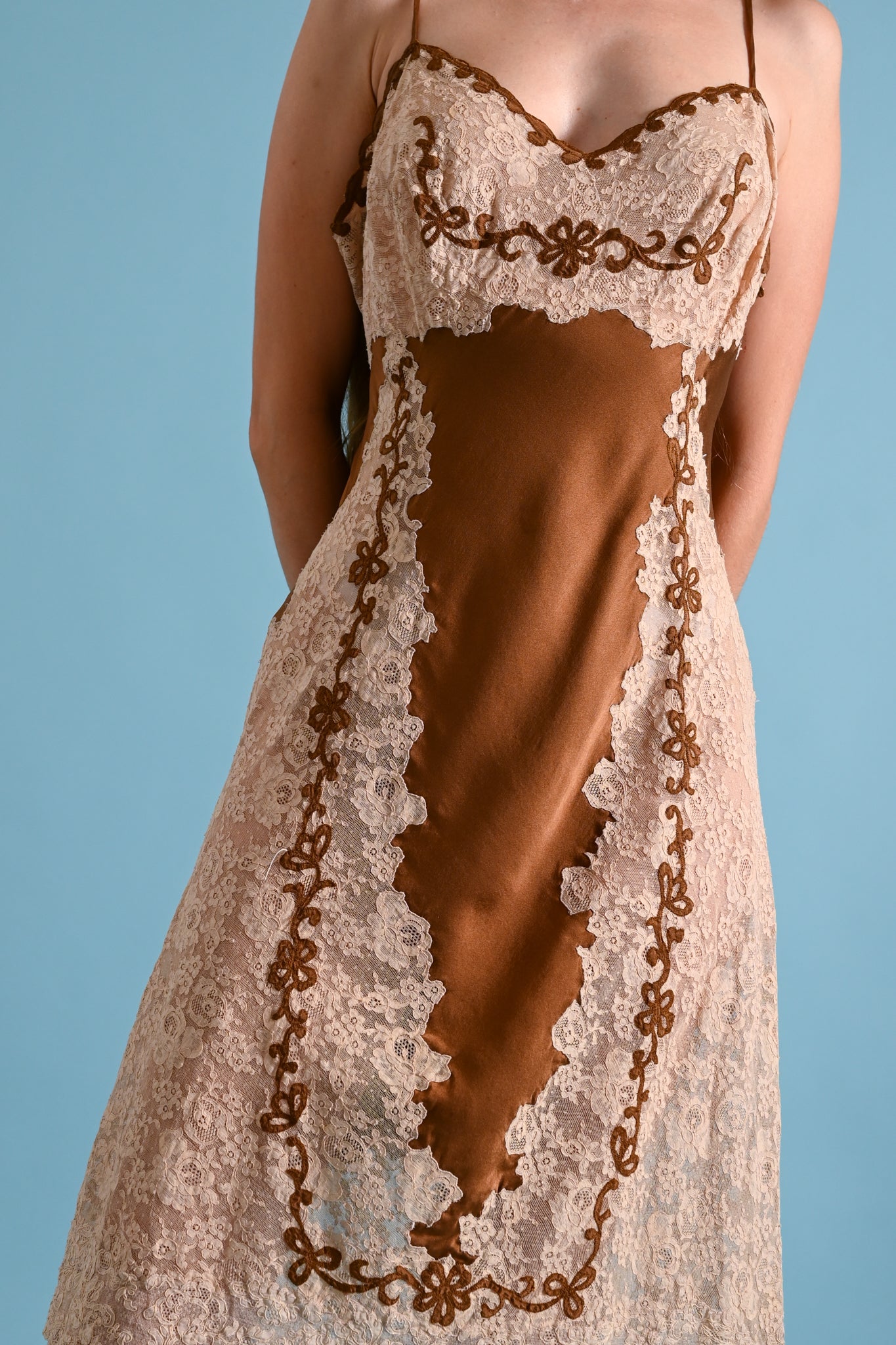 1930s Chocolate Silk + Lace Appliqué Slip [sm/med]