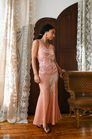 Demetra's Pink Crinkle Silk Beaded Bow Gown
