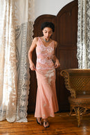 Demetra's Pink Crinkle Silk Beaded Bow Gown
