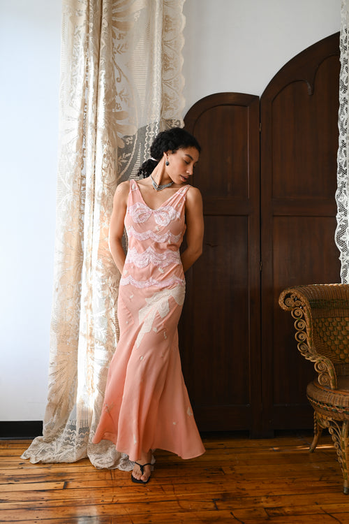 Demetra's Pink Crinkle Silk Beaded Bow Gown