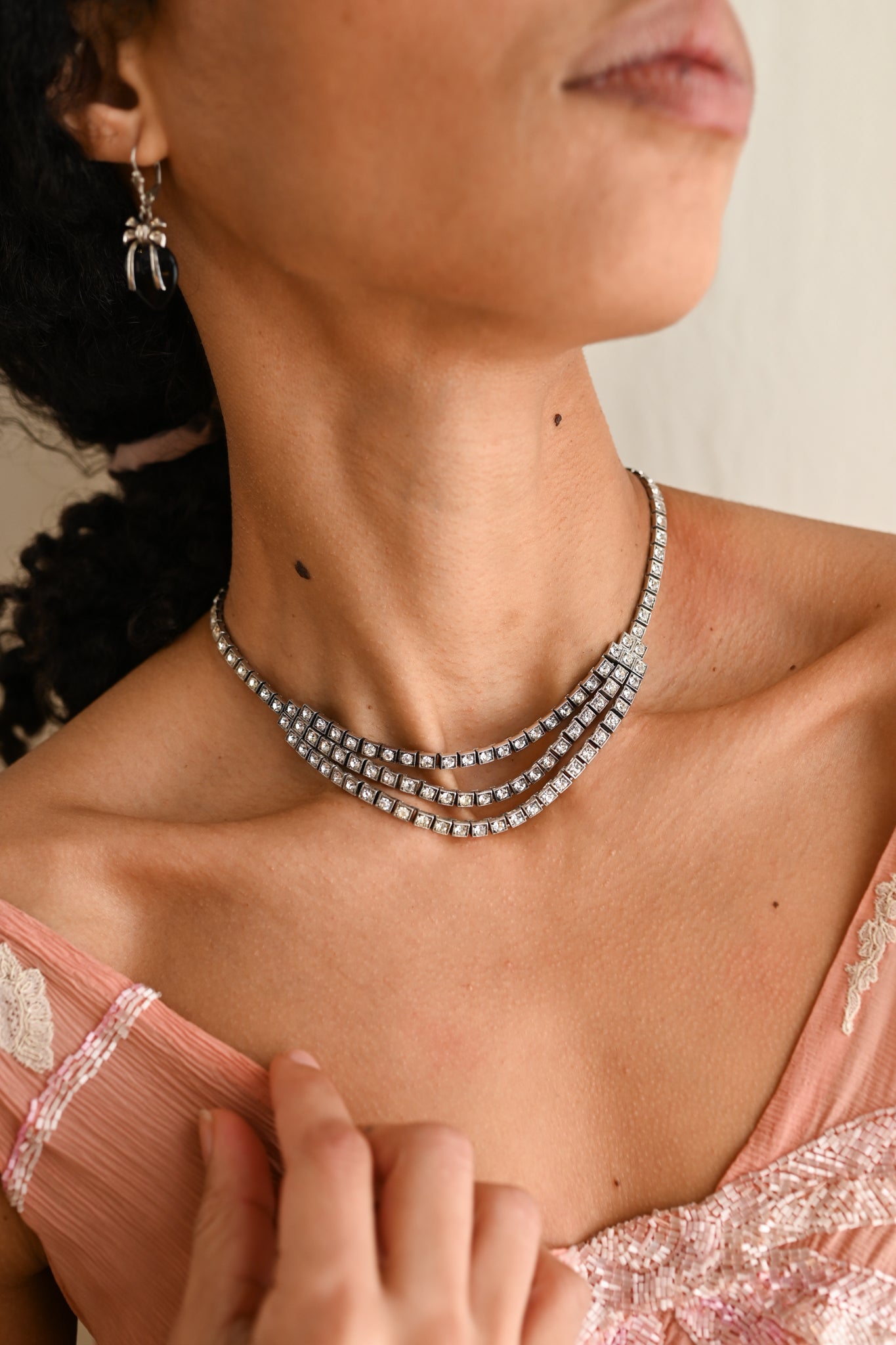 1930s Sterling Triple Strand Rhinestone Choker