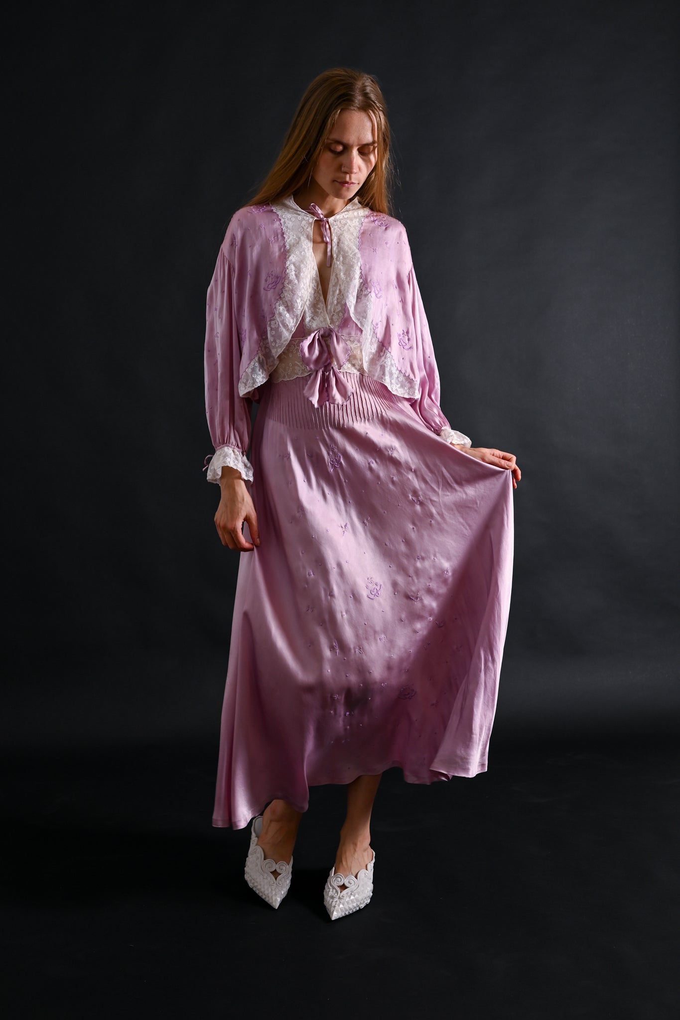 1930s Lavender Silk Gown + Jacket Set [xs/sm/med]