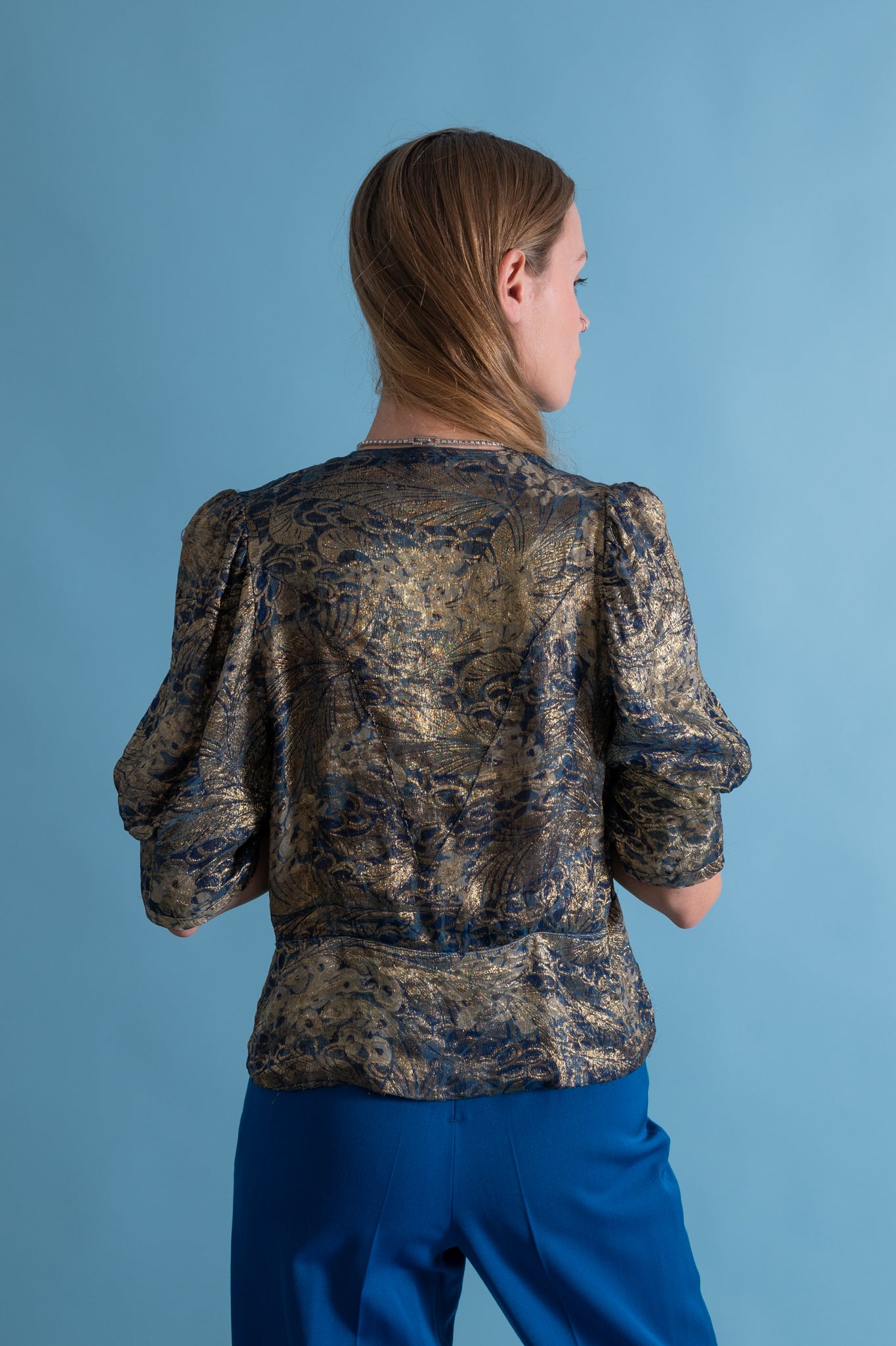 1930s Feather Lamé Puffed Sleeve Blouse [sm/med/lrg]