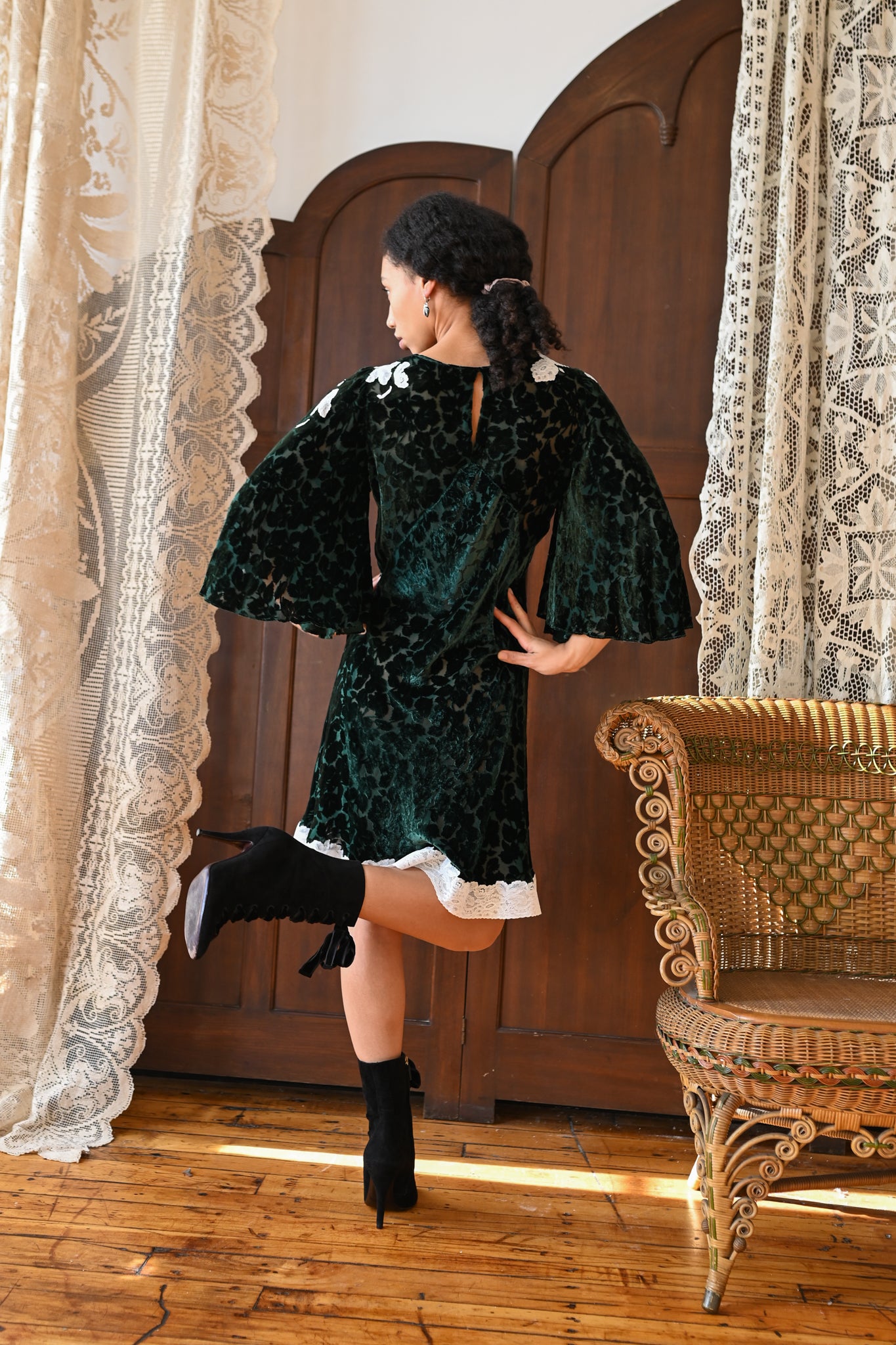 Demetra's Emerald Silk Devore Lace Appliqué Dress