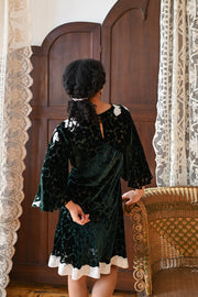 Demetra's Emerald Silk Devore Lace Appliqué Dress