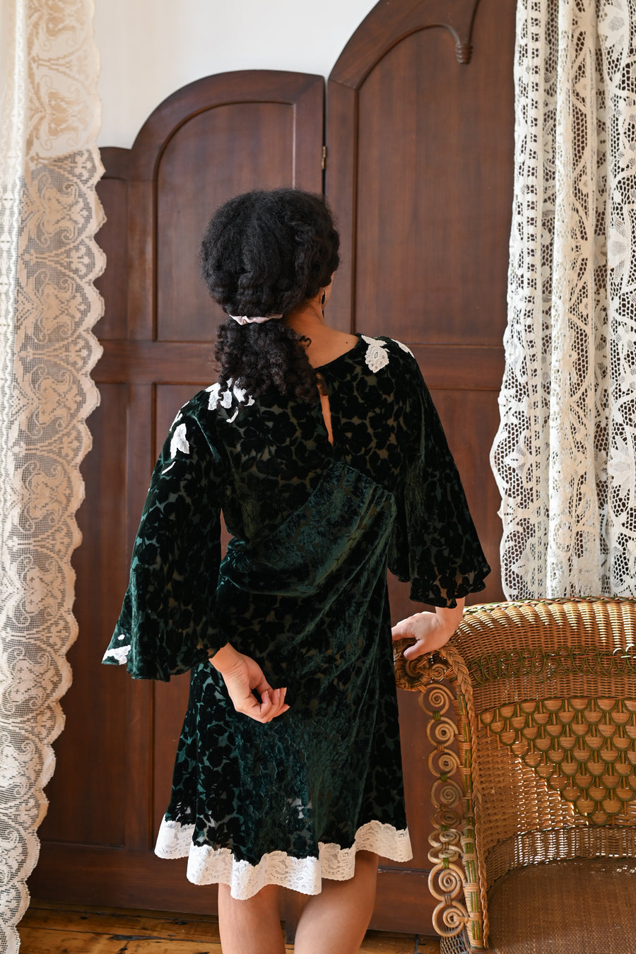 Demetra's Emerald Silk Devore Lace Appliqué Dress