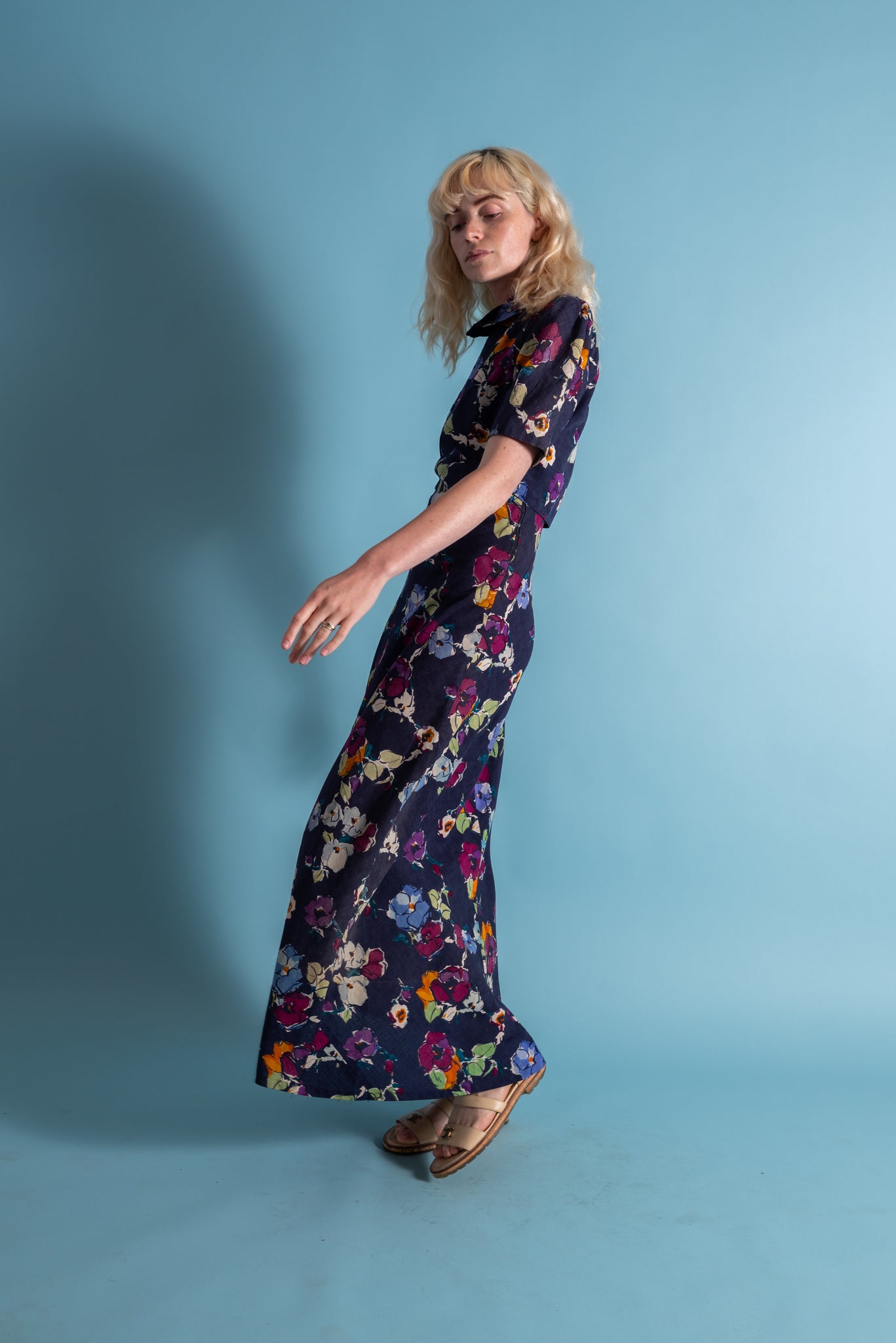 1930s Deco Floral Linen Beach Gown and Jacket [xs/sm]