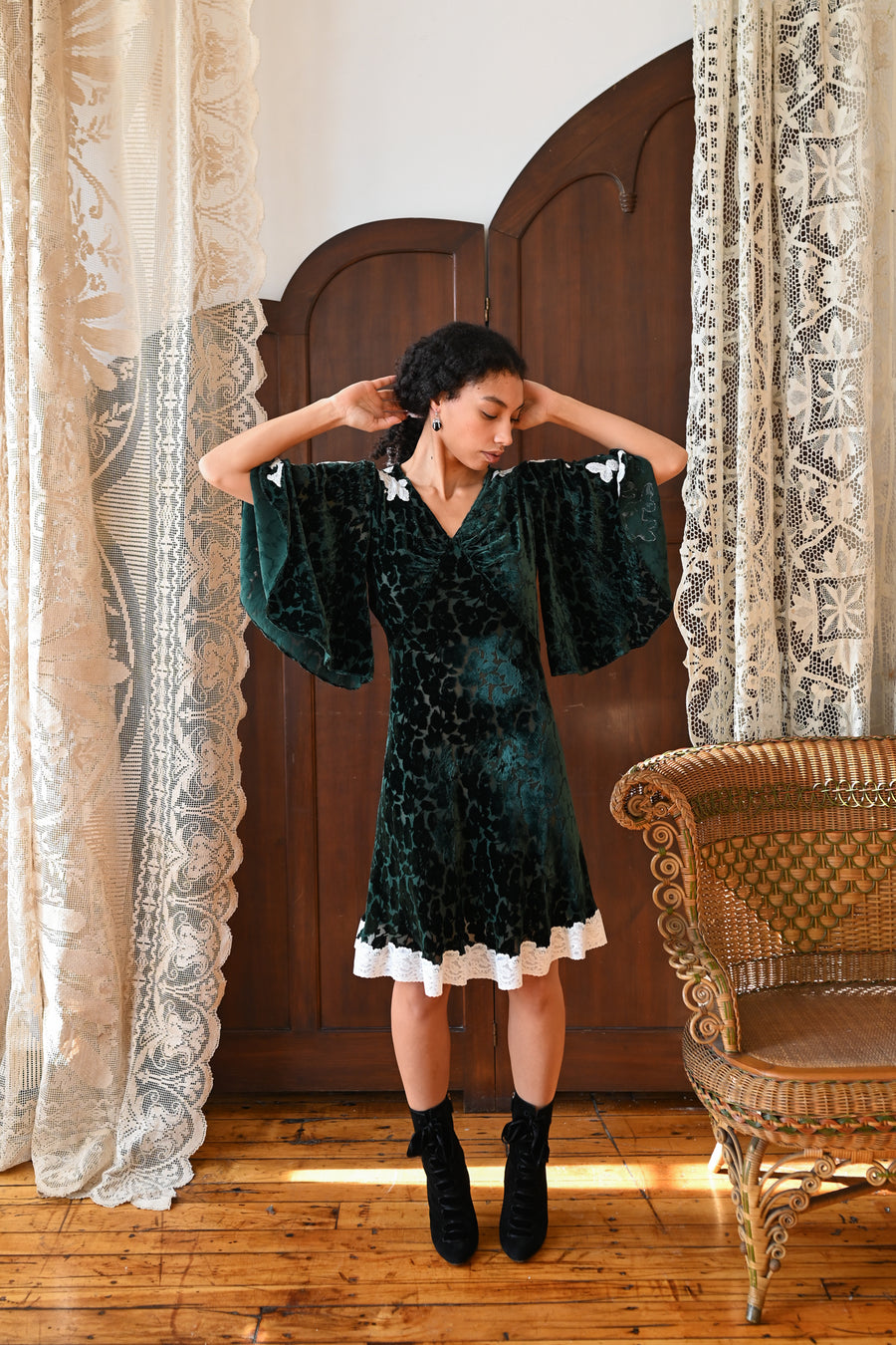 Demetra's Emerald Silk Devore Lace Appliqué Dress
