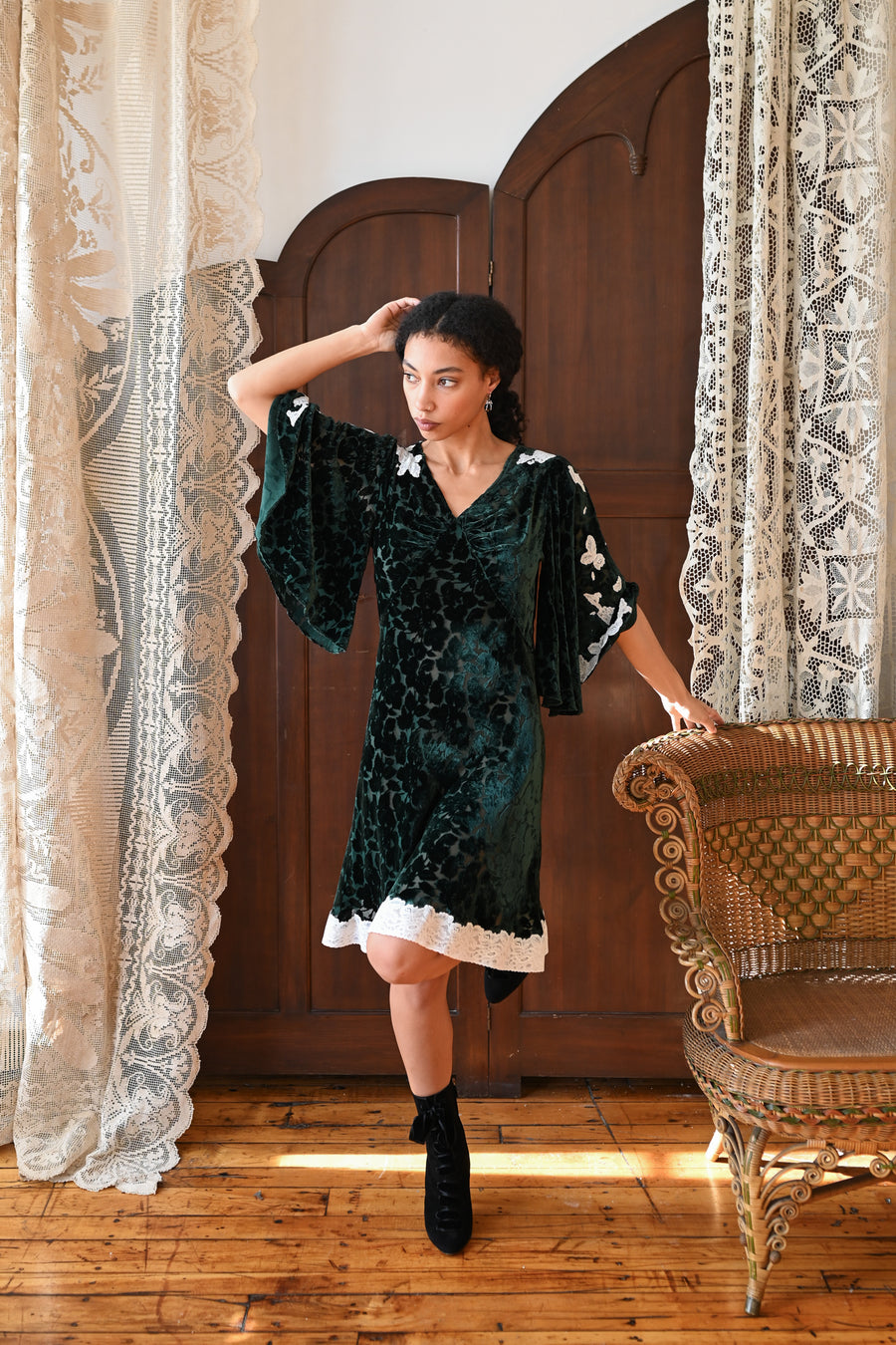 Demetra's Emerald Silk Devore Lace Appliqué Dress